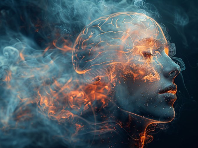 Exploring the impact of vaping on cognitive function and potential risks of nicotine dependence through 3D illustration of a person exhaling mist from an e-cigarette.