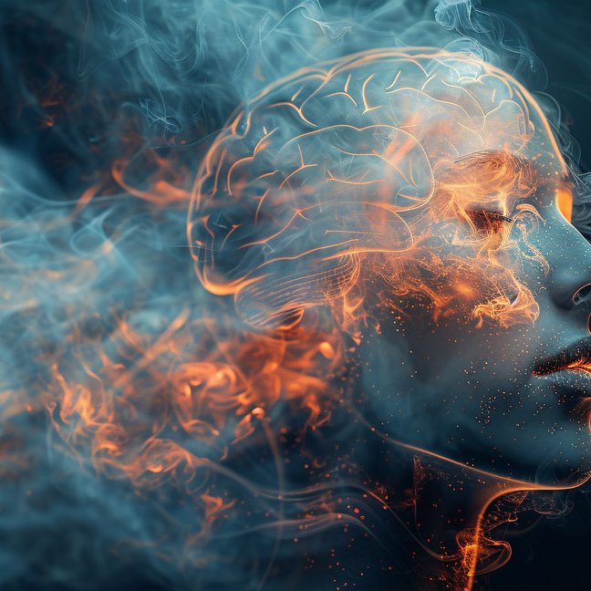 Exploring the impact of vaping on cognitive function and potential risks of nicotine dependence through 3D illustration of a person exhaling mist from an e-cigarette.