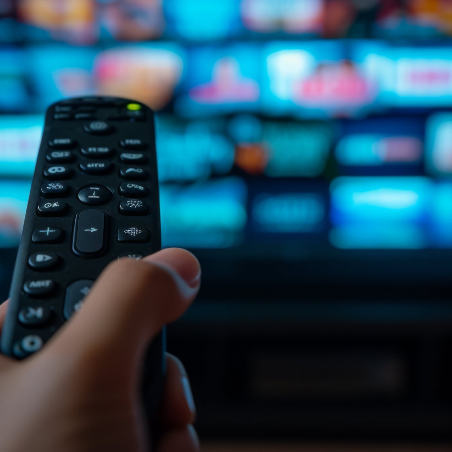 close-up view of a hand holding a television remote control with a blurred television screen in the background, displaying colorful images.
